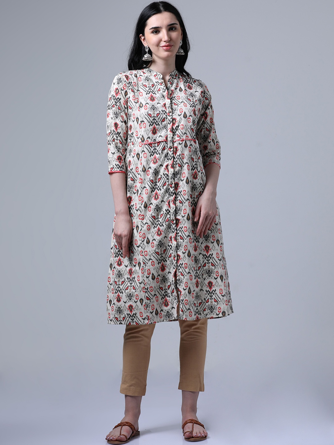 

Hassu's Ethnic Motifs Printed Mandarin Collar A-Line Kurta, Cream
