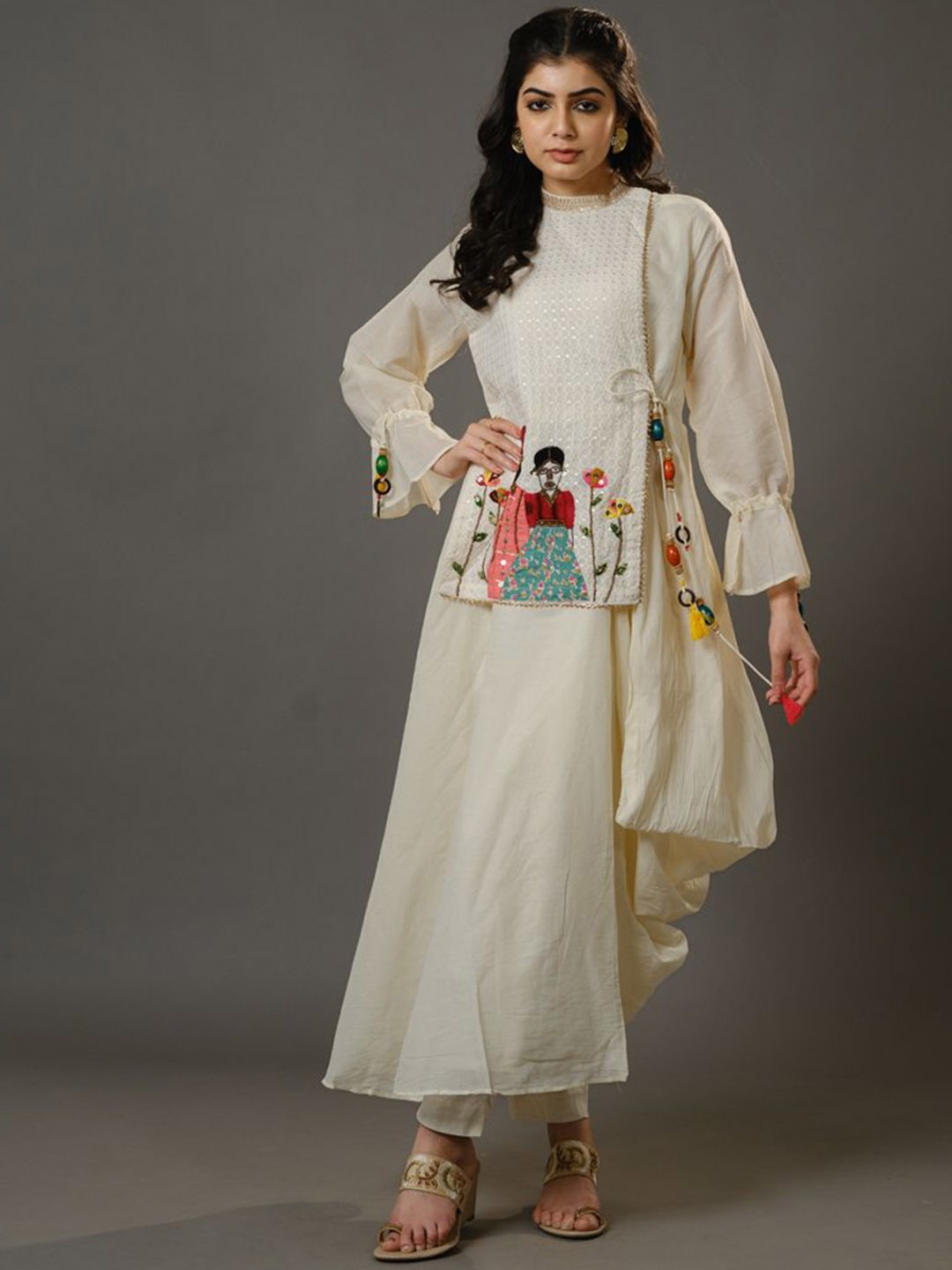 

Hassu's Floral Embroidered Sequnnied Round Neck Anarkali Kurta, Cream