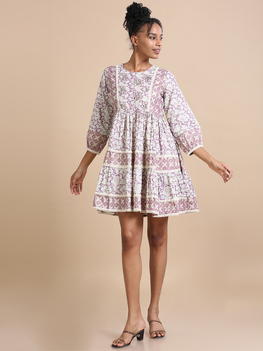 

Hassu's Floral Printed Mirror Work Round Neck Anarkali Kurta, Purple