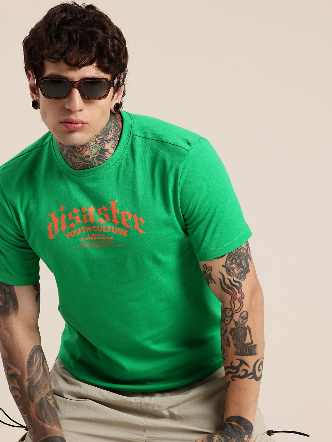 

HERE&NOW Typography Printed Pure Cotton T-shirt, Green