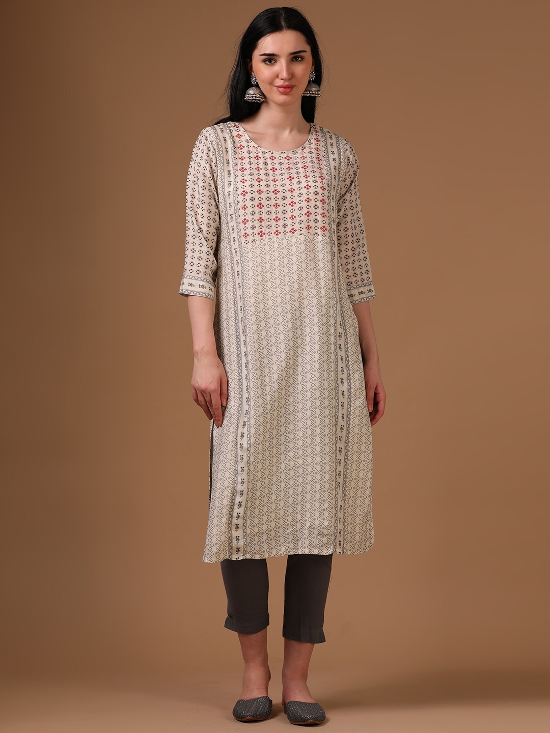 

Hassu's Ethnic Motifs Printed Round Neck Pure Cotton A-Line Kurta, Cream