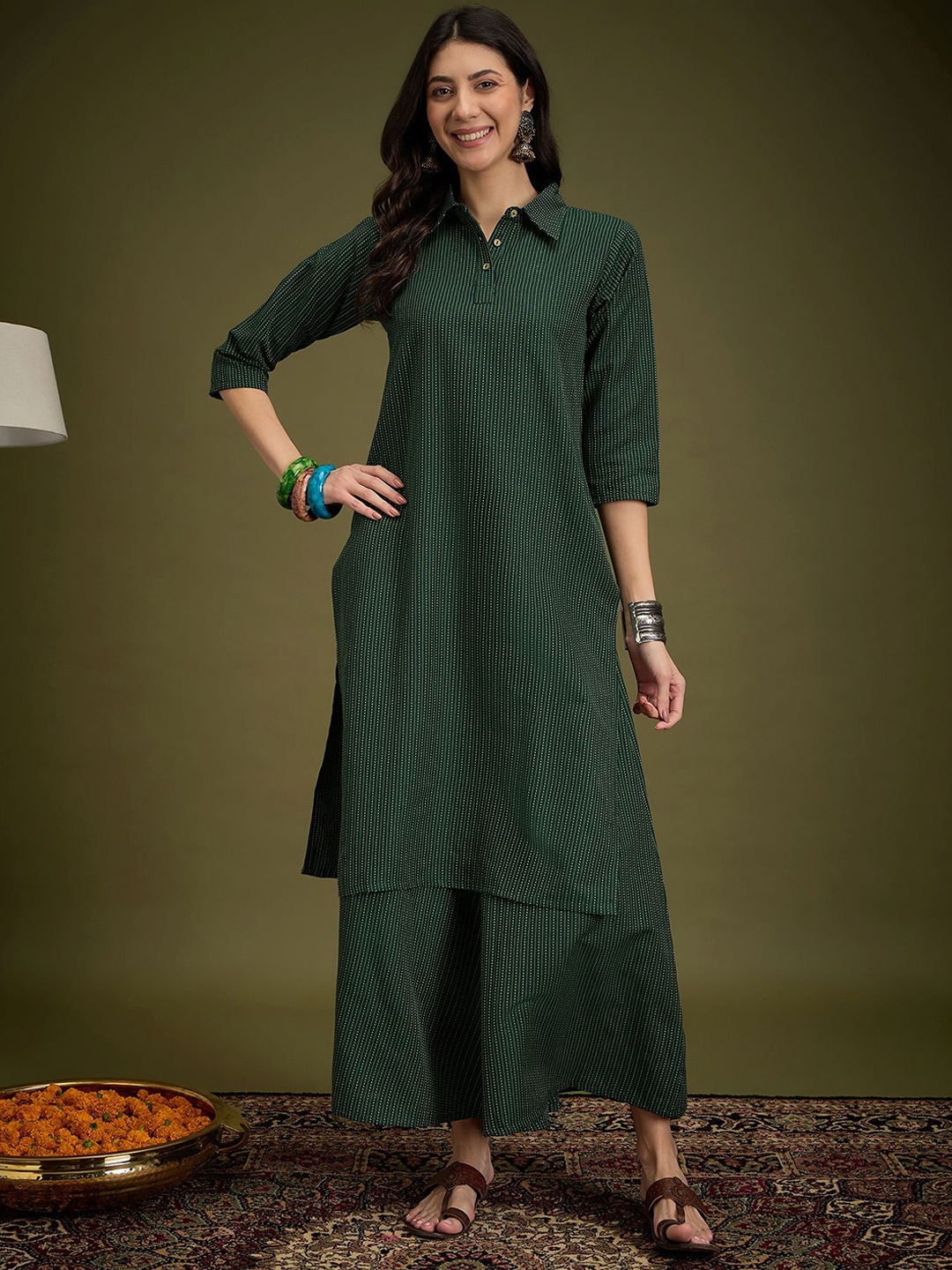 

InWeave Striped Shirt Collar Straight Kantha Work Pure Cotton Kurta With Palazzos, Green