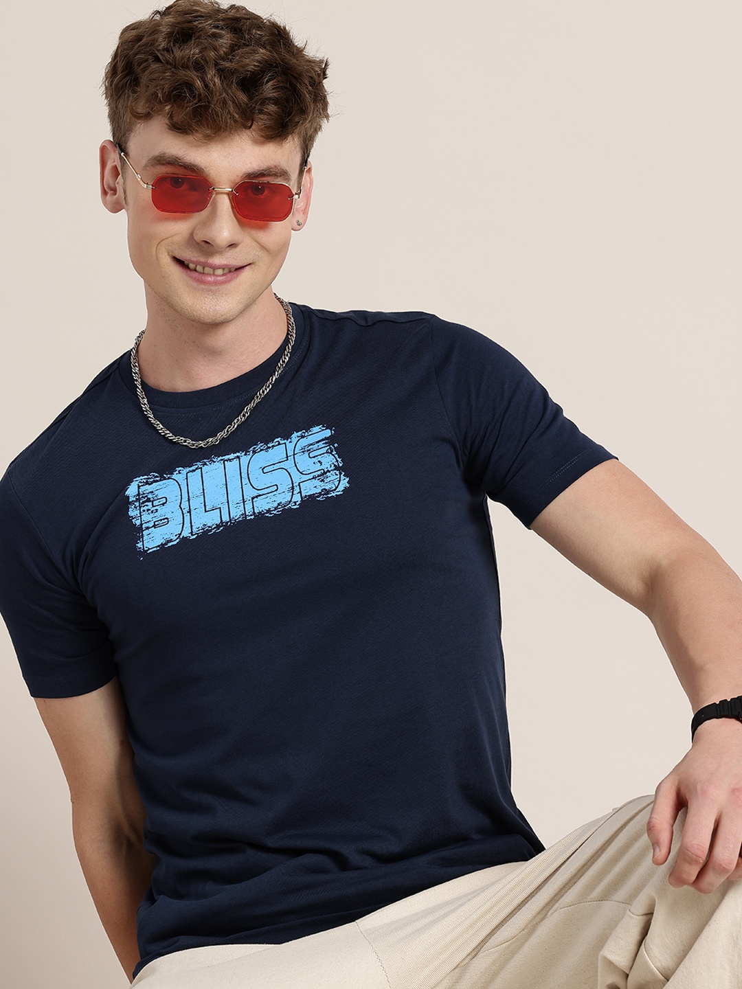 

HERE&NOW Typography Printed Pure Cotton T-shirt, Navy blue