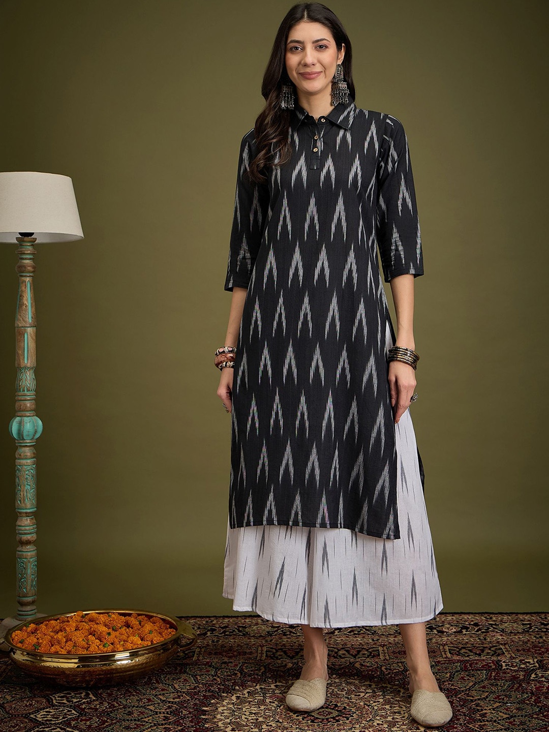 

InWeave Geometric Printed Shirt Collar Kantha Work Pure Cotton Kurta With Palazzos, Black