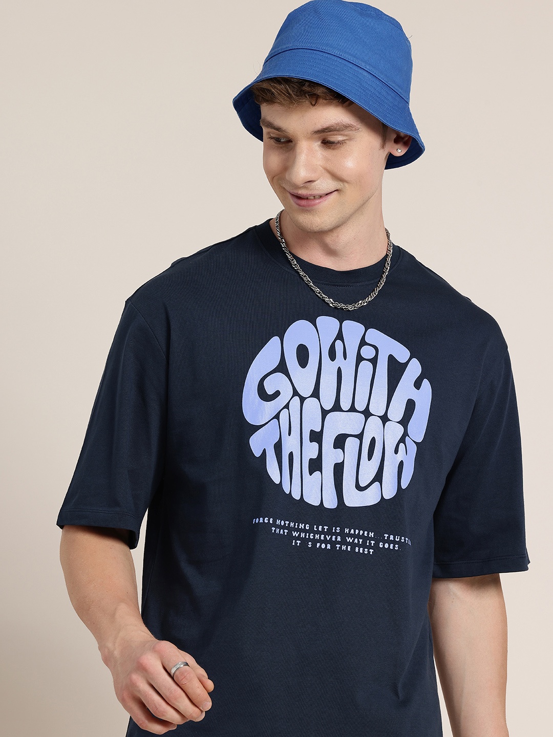 

HERE&NOW Pure Cotton Typography Printed Relaxed Fit T-shirt, Navy blue