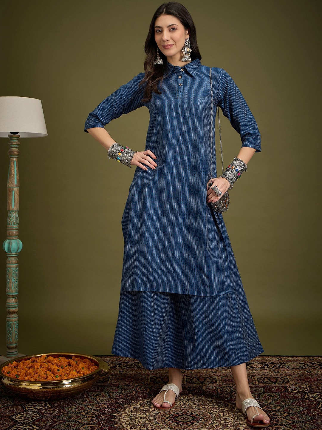 

InWeave Striped Shirt Collar Straight Kantha Work Pure Cotton Kurta With Palazzos, Blue
