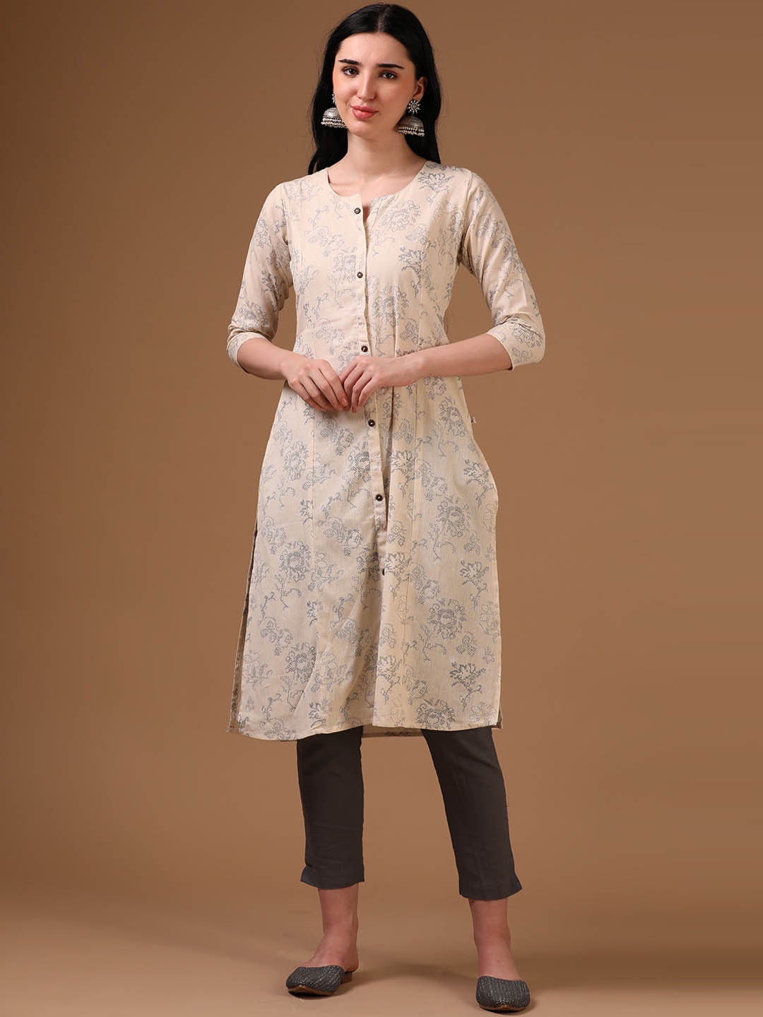 

Hassu's Woven Design Floral Printed Round Neck A-line Kurta, Cream