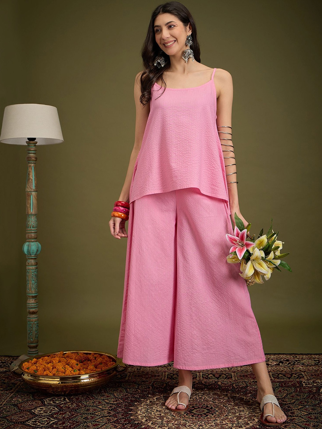 

InWeave Striped Shoulder Straps Neck Pure Cotton Tunic With Trouser, Pink