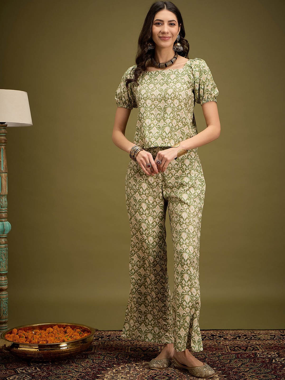 

InWeave Printed Puff Sleeves Top With Trouser, Green