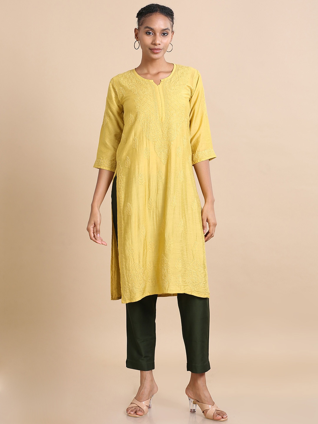 

Hassu's Ethnic Motifs Embroidered Chanderi Cotton Straight Kurta, Beige
