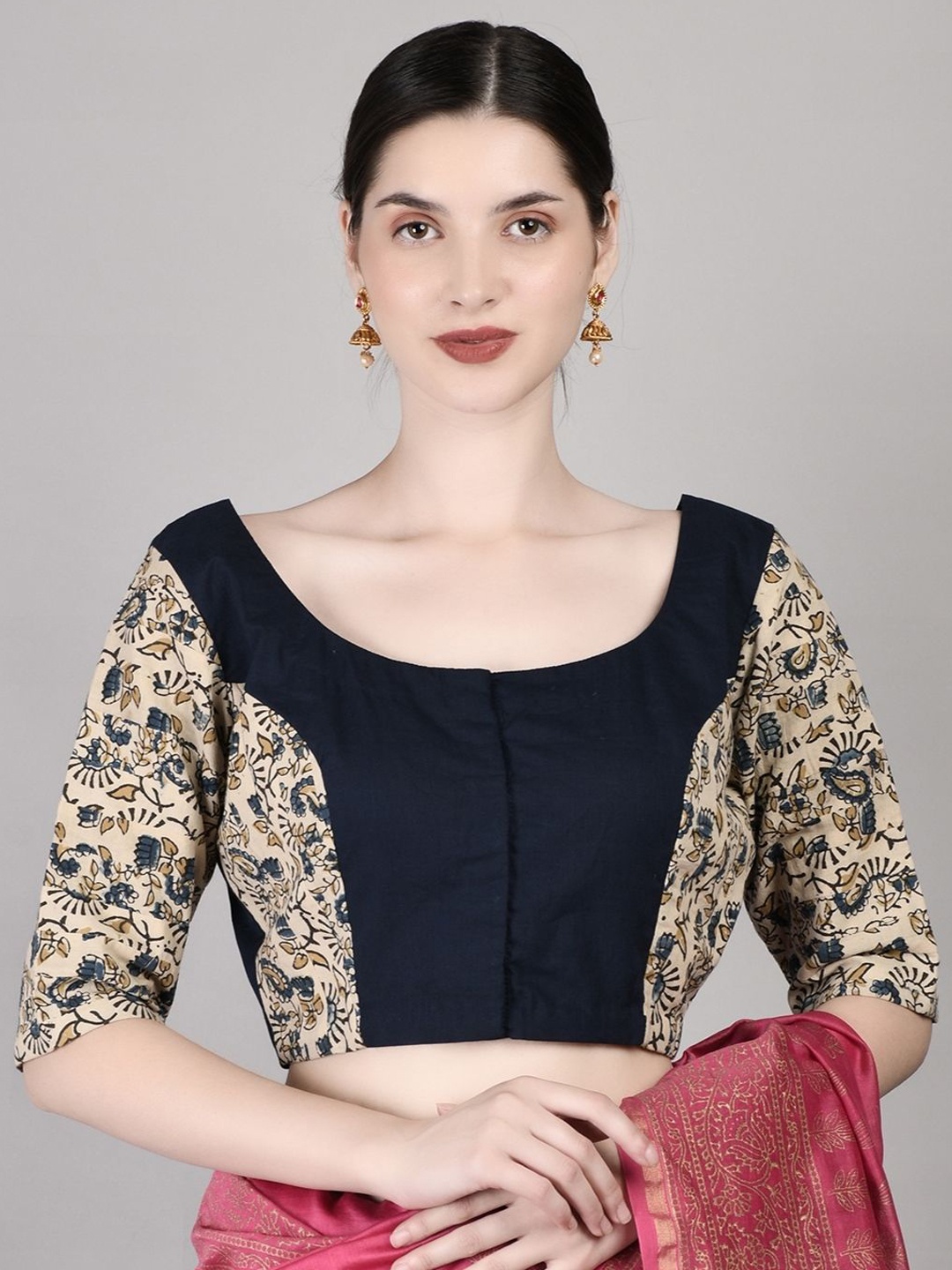 

PALASH Hand Embroidered Ajrakh Cotton Saree Blouse, Navy blue