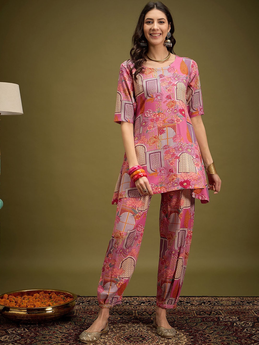 

InWeave Printed Round Neck Tunic With Trouser, Pink