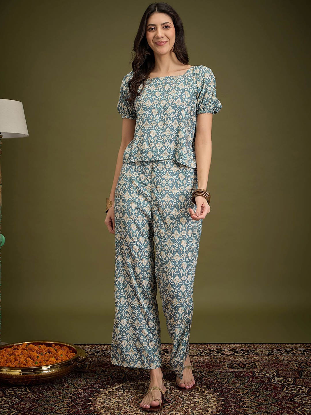 

InWeave Printed Puff Sleeves Top With Trouser, Blue