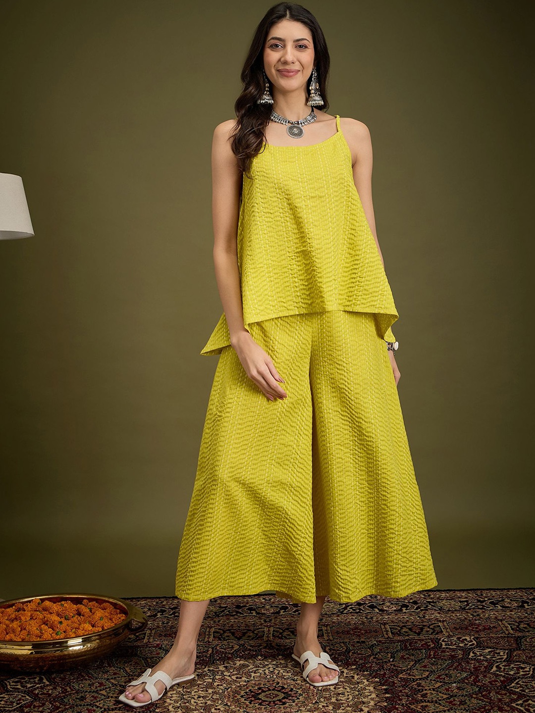 

InWeave Striped Shoulder Straps Neck Pure Cotton Tunic With Trouser, Yellow