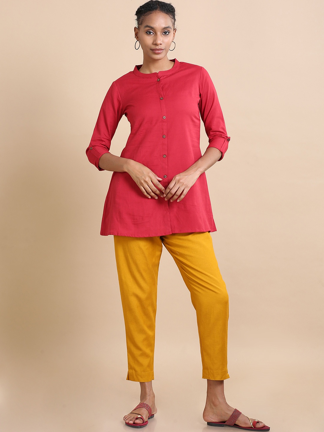 

Hassu's Mandarin Collar Roll-Up Sleeves A-Line Kurti, Maroon