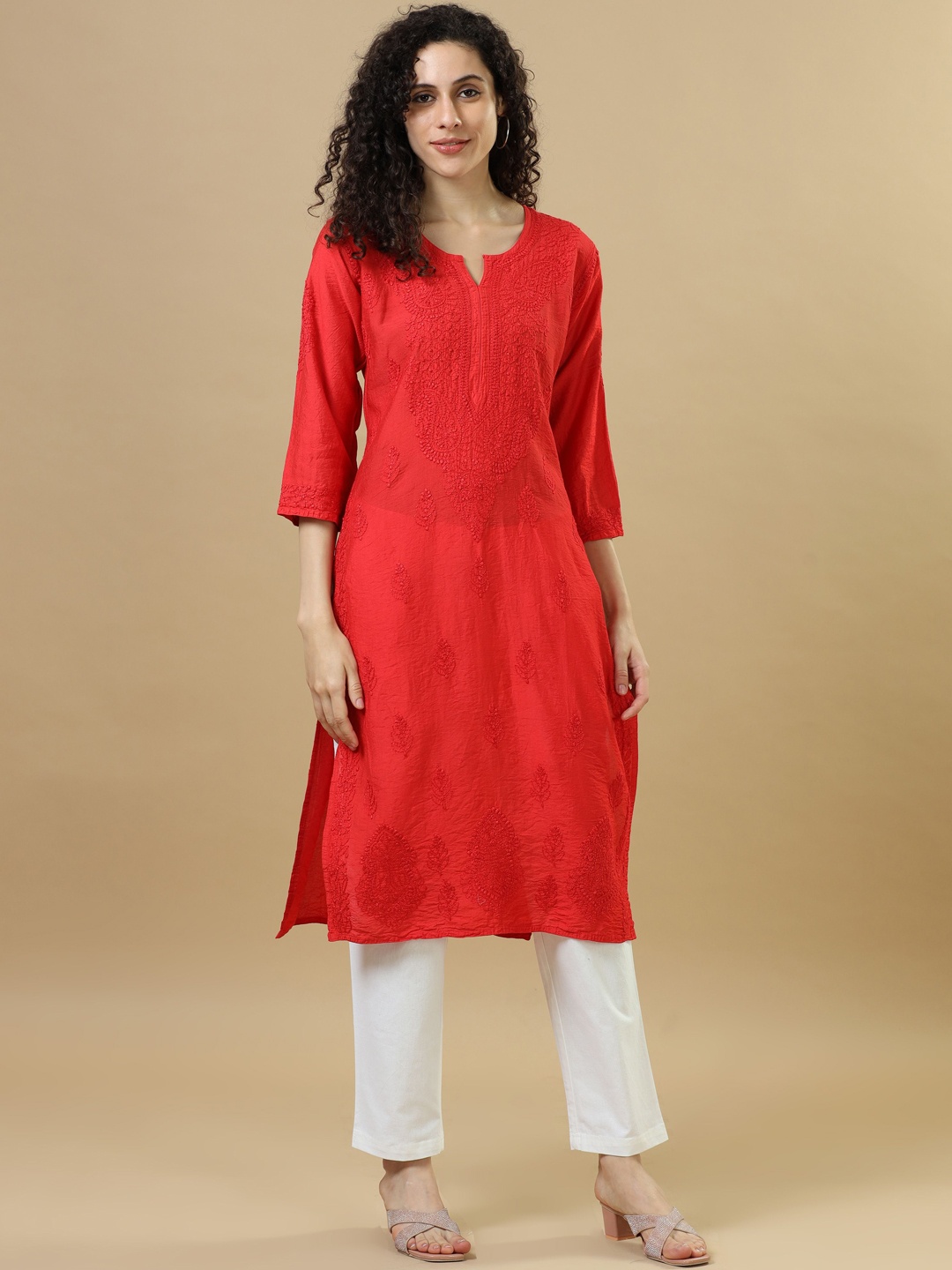 

Hassu's Ethnic Motifs Chikankari Embroidery Thread Work Chanderi Cotton Straight Kurta, Red