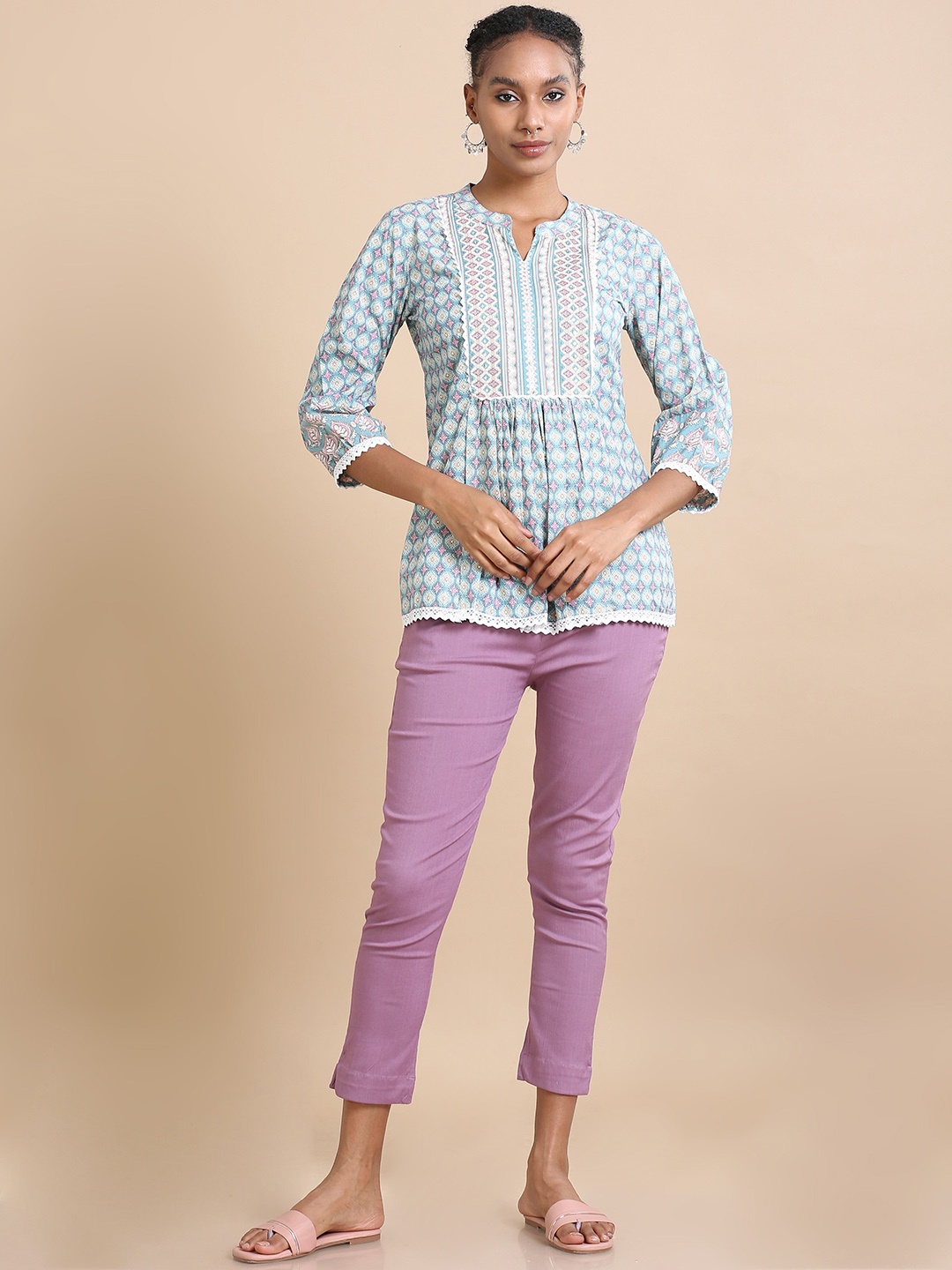 

Hassu's Ethnic Motifs Printed Mandarin Collar Cotton Tunics, Teal