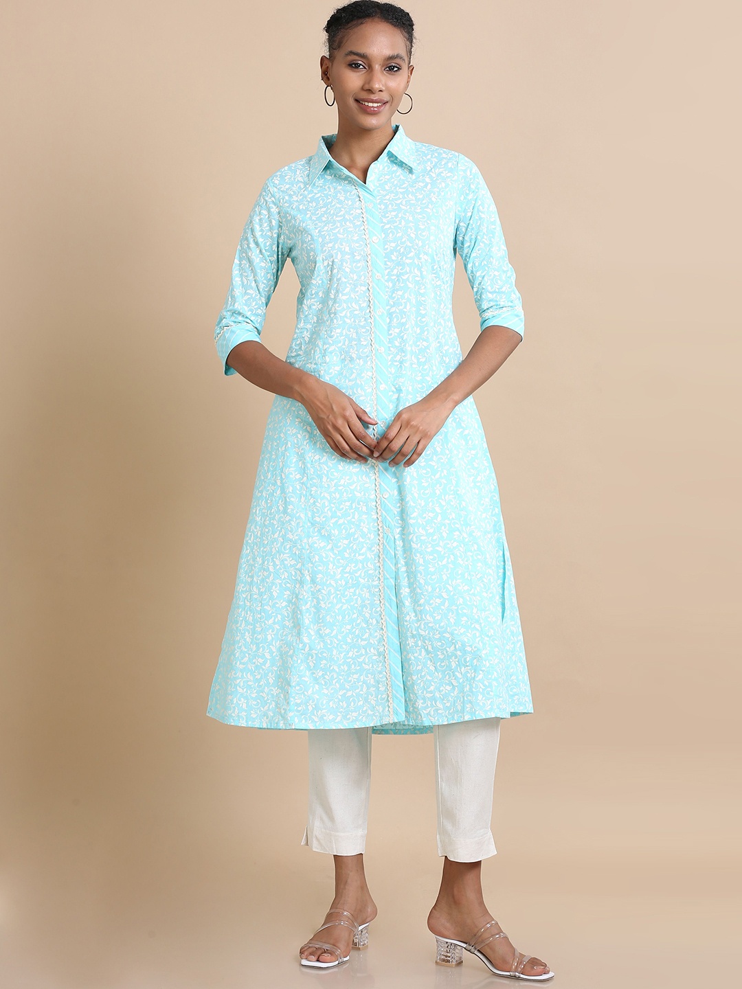 

Hassu's Floral Printed Shirt Collar A-Line Kurta, Blue