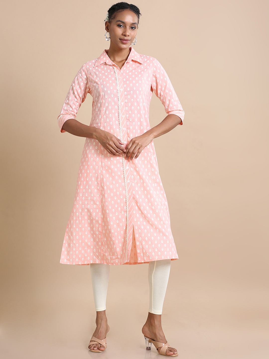 

Hassu's Women Ethnic Motifs Printed Shirt Collar A-Line Kurta, Peach