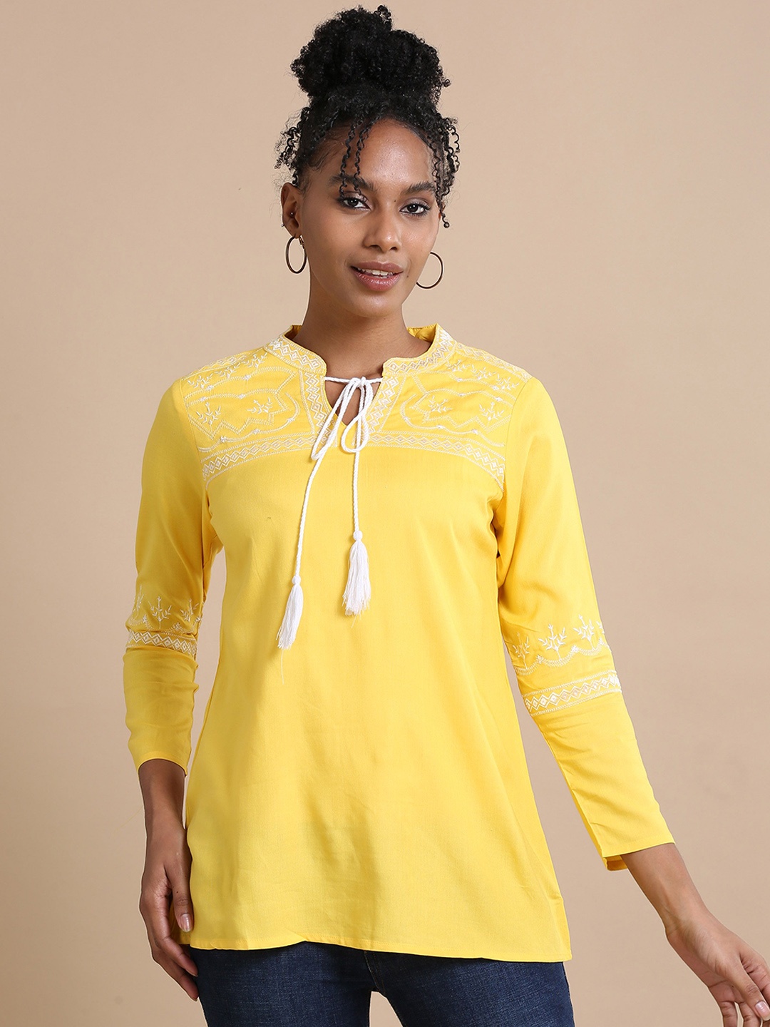 

Hassu's Thread Work Yoke Design Tie-Up Neck A-Line Kurti, Yellow