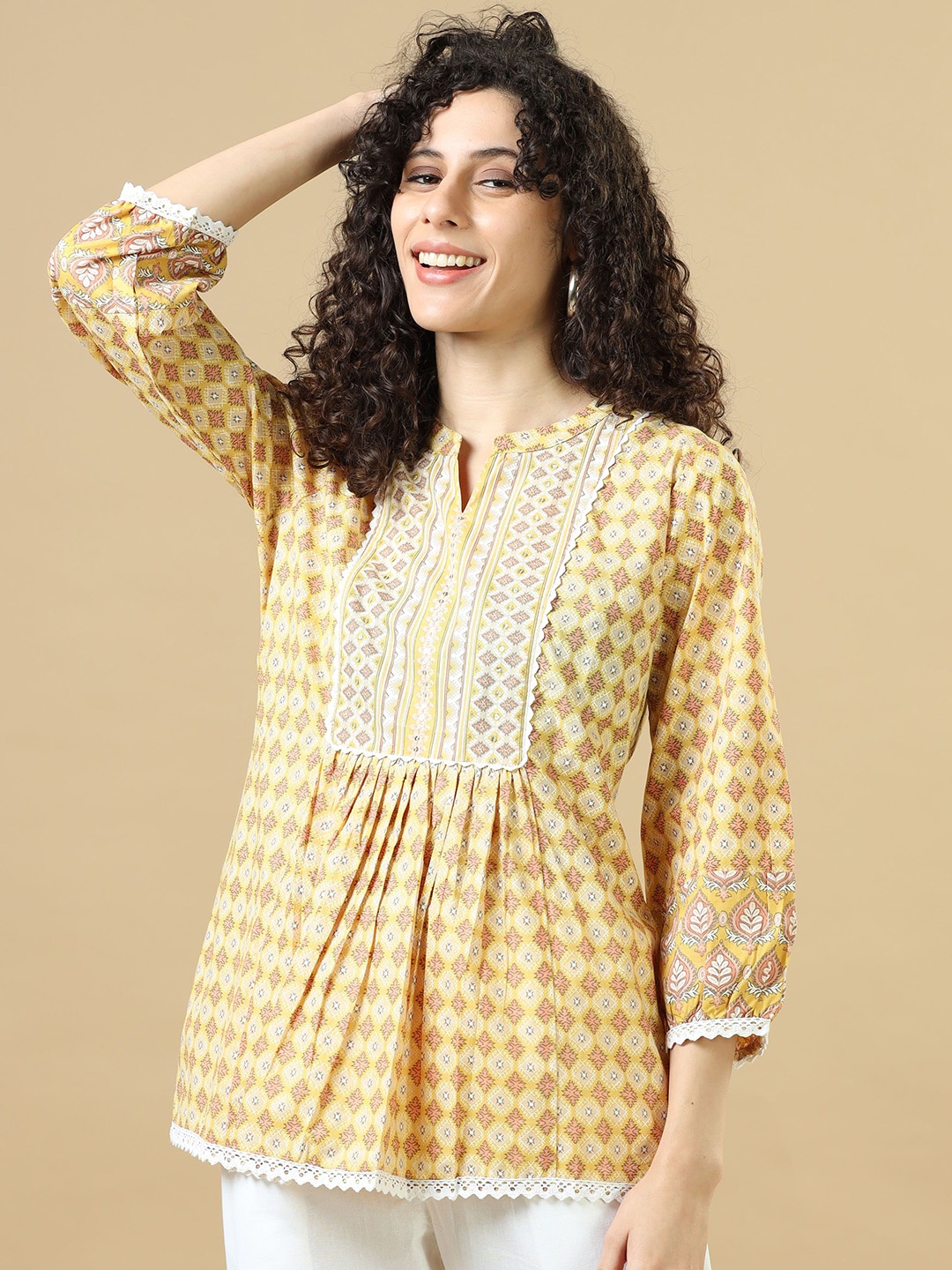 

Hassu's Ethnic Motifs Printed Mandarin Collar A-Line Kurti, Gold