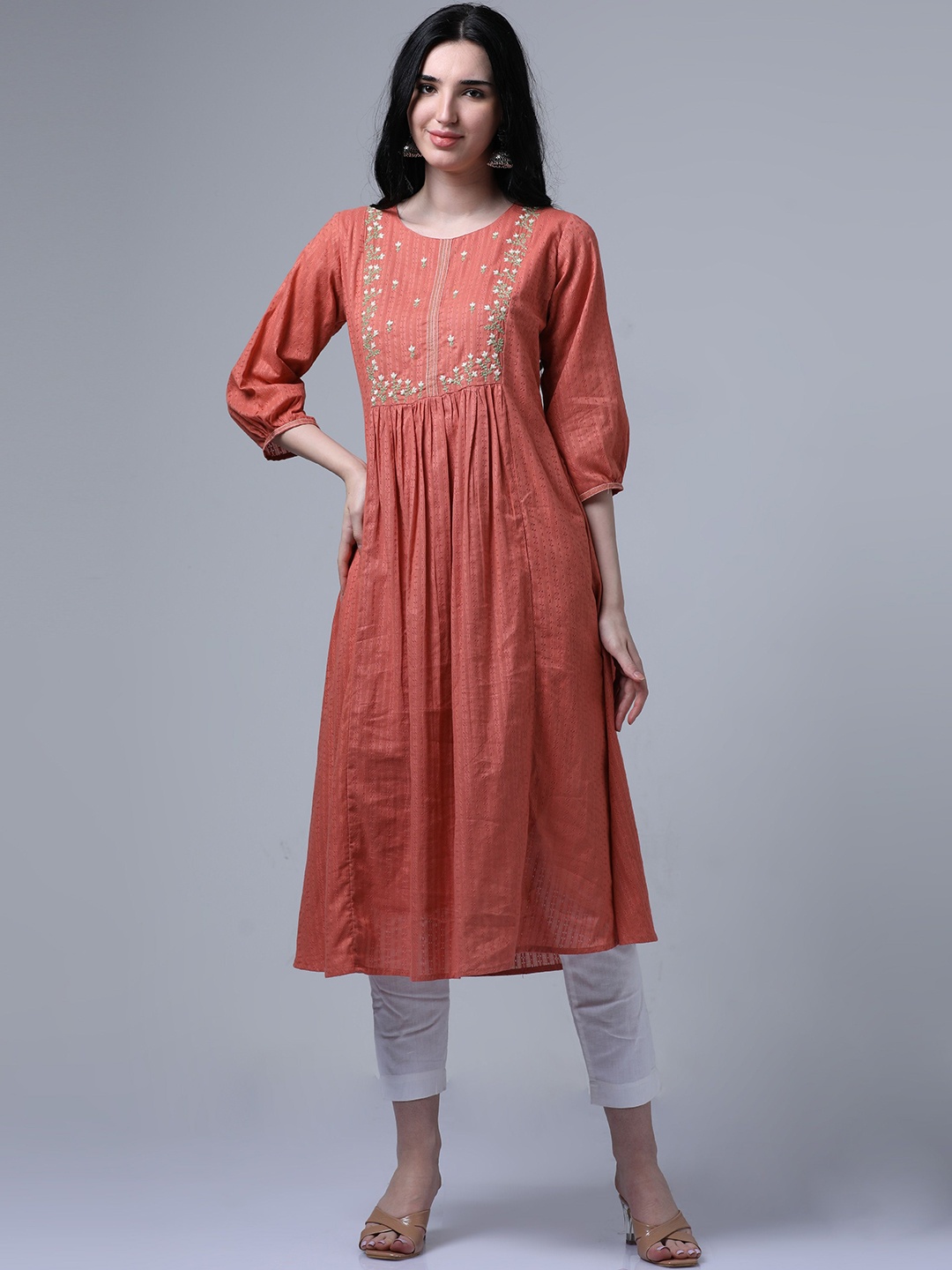 

Hassu's Floral Embroidered Yoke Design Thread Work Anarkali Kurta, Orange