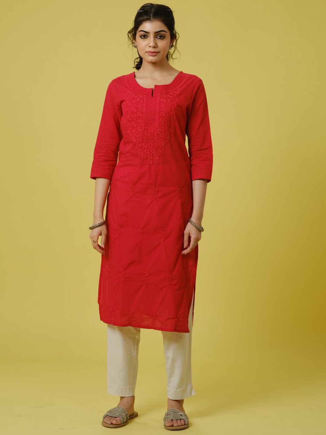 

Hassu's Woven Design Floral Embroidered Thread Work Notch-Neck Straight Kurta, Red