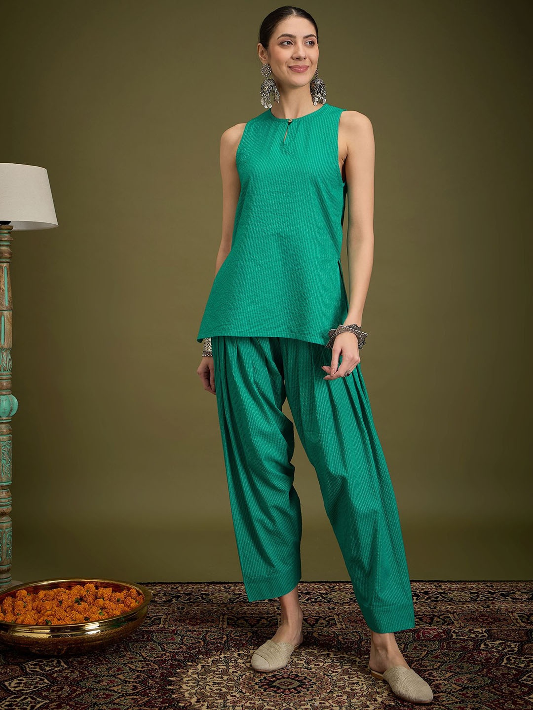 

InWeave Striped Sleeveless Pure Cotton Tunic With Trouser, Green