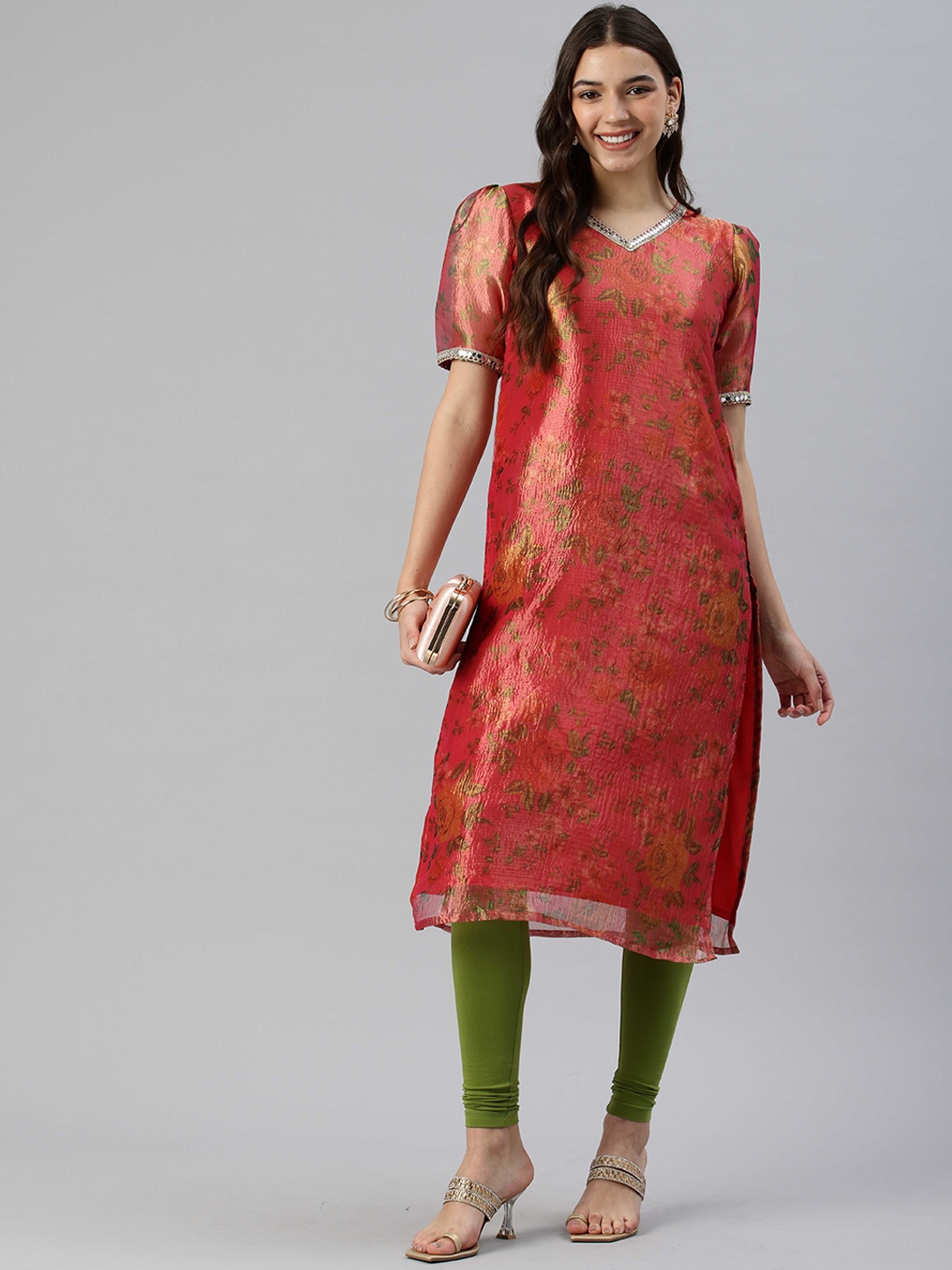 

Swishchick Floral Printed Tissue Mirror Work Puffed Sleeves V-Neck Kurta And Leggings, Red