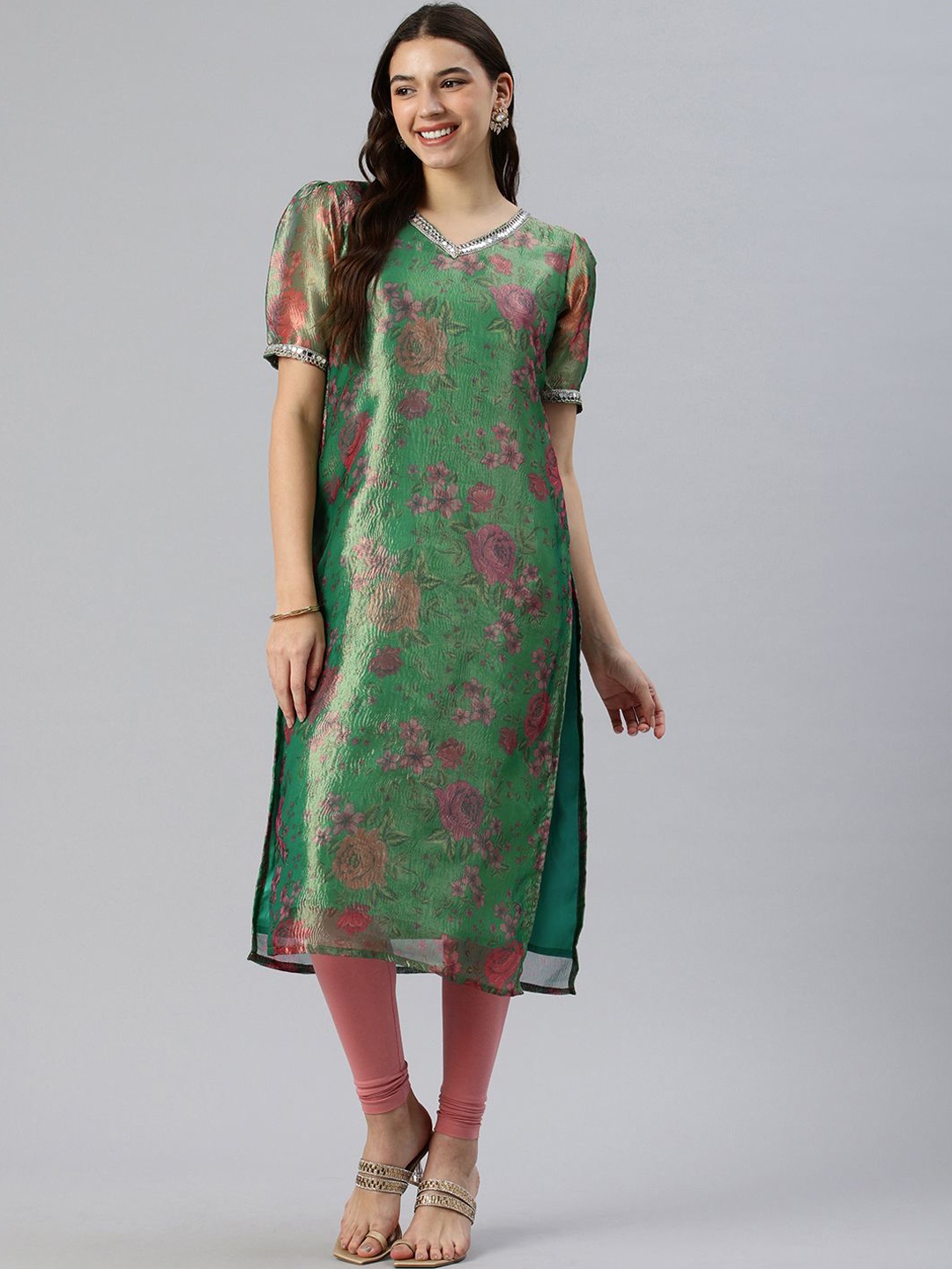 

Swishchick Floral Printed Tissue Mirror Work Puffed Sleeves V-Neck Kurta And Leggings, Green