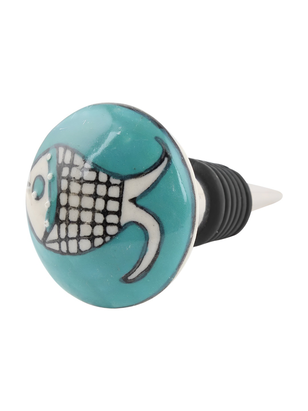 

Indianshelf Turquoise Blue and White Fish Flat Printed Ceramic Wine Bottle Stopper