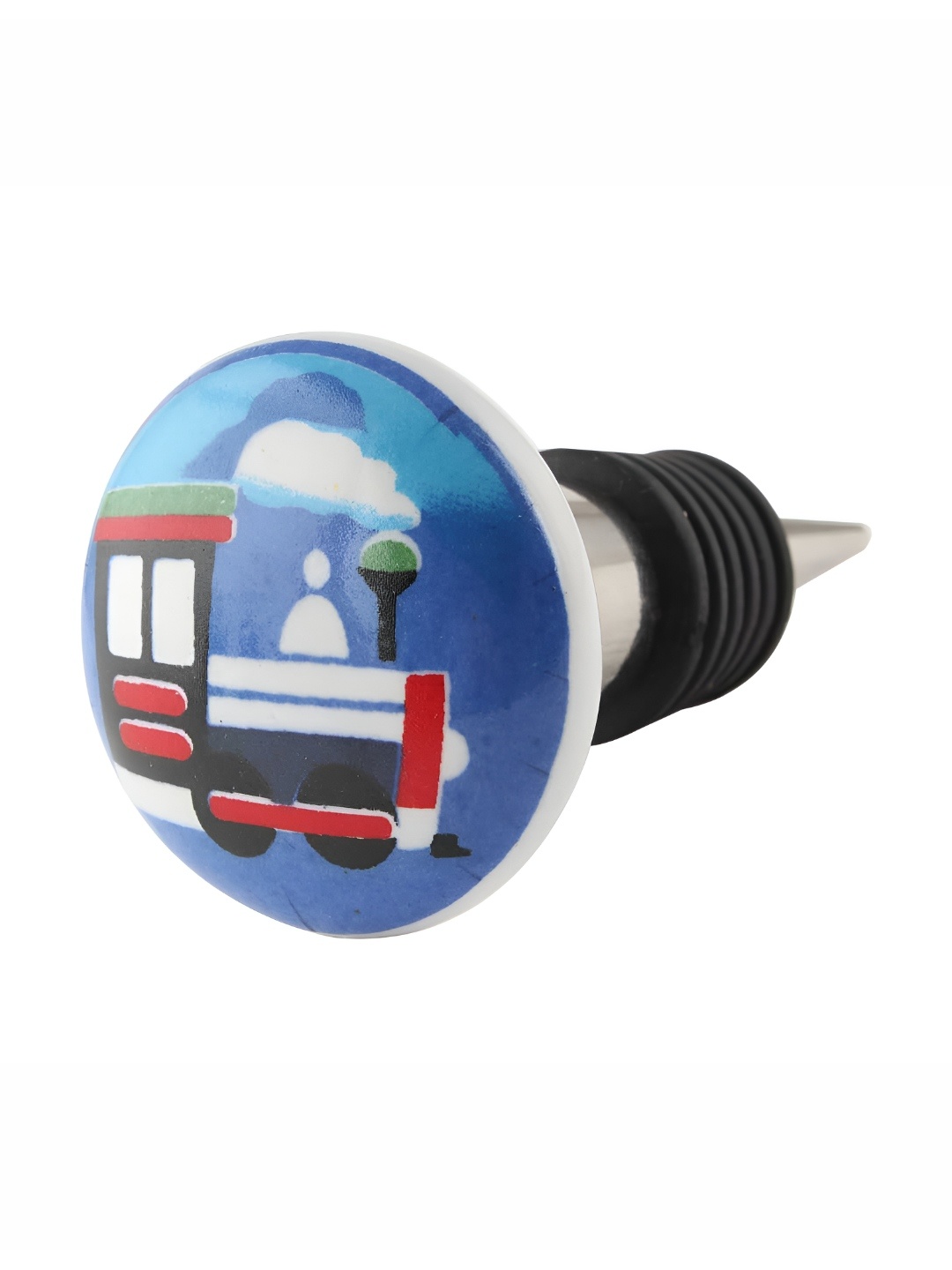 Indianshelf Blue & Red Train Flat Printed Ceramic Leak-Proof Wine Bottle Stopper
