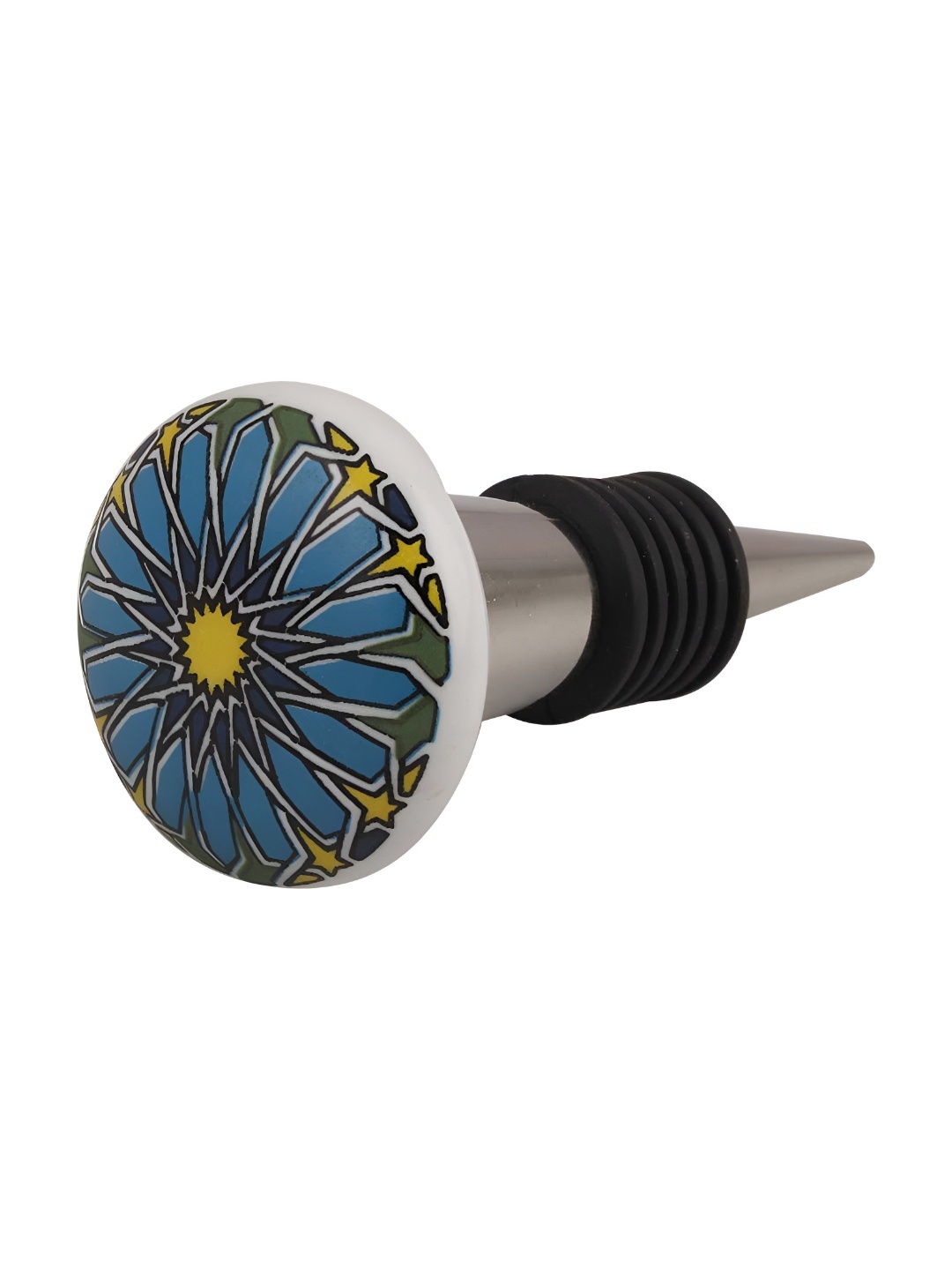 

Indianshelf Turquoise Blue Flat Floral Printed Ceramic Leak-Proof Wine Bottle Stopper