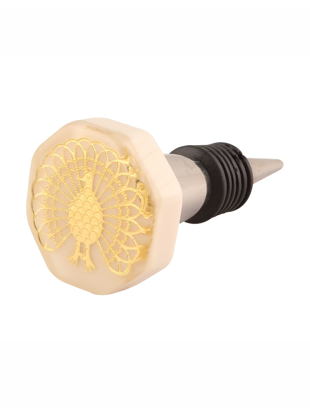 

Indianshelf Cream-Coloured & Gold-Toned Peacock Textured Ceramic Wine Bottle Stopper