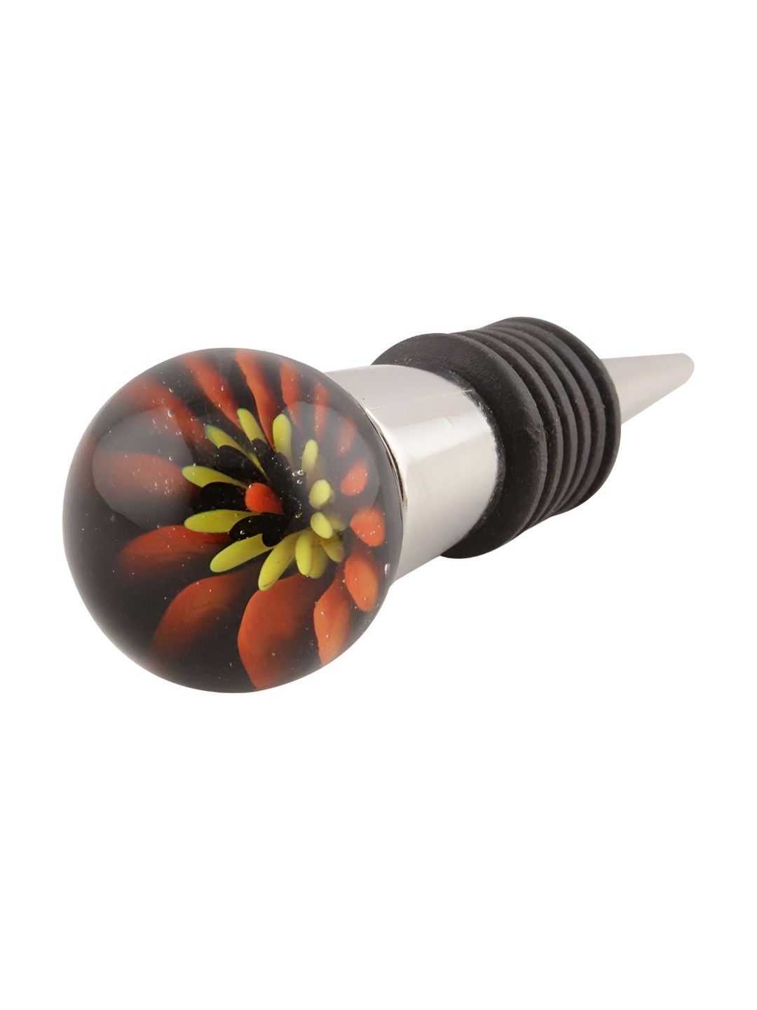 Indianshelf Orange & Black Floral Printed Glass Wine Bottle Stopper
