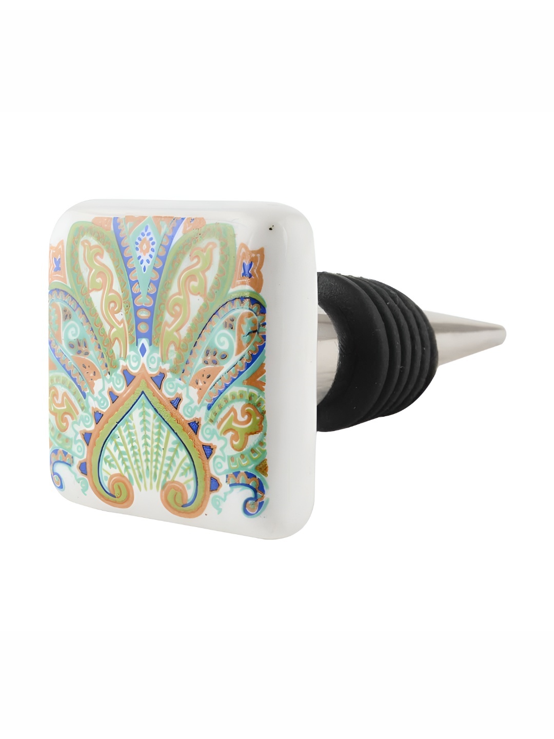 Indianshelf Green & White Floral Printed Ceramic Wine Bottle Stopper