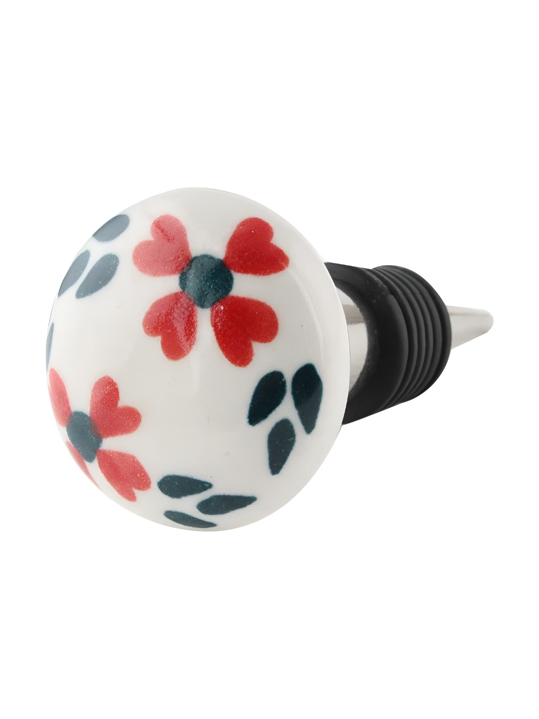 Indianshelf White & Red Floral Flat Printed Ceramic Wine Bottle Stopper