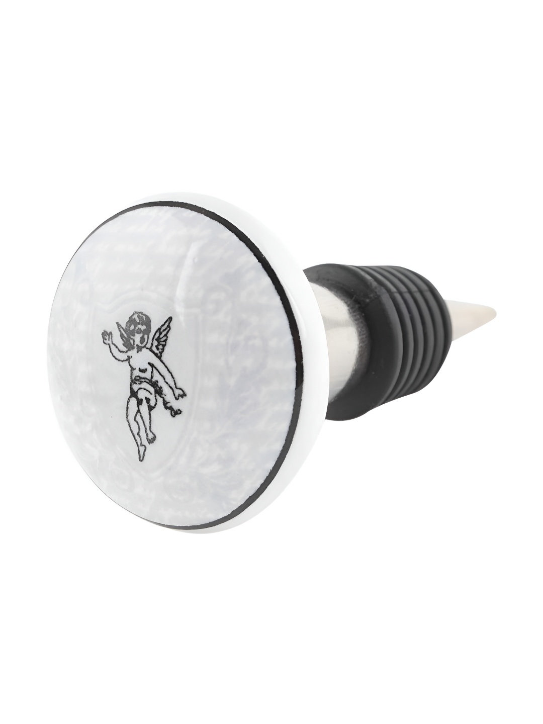 

Indianshelf White and Silver-Toned Flying Man Printed Ceramic Wine Bottle Stopper