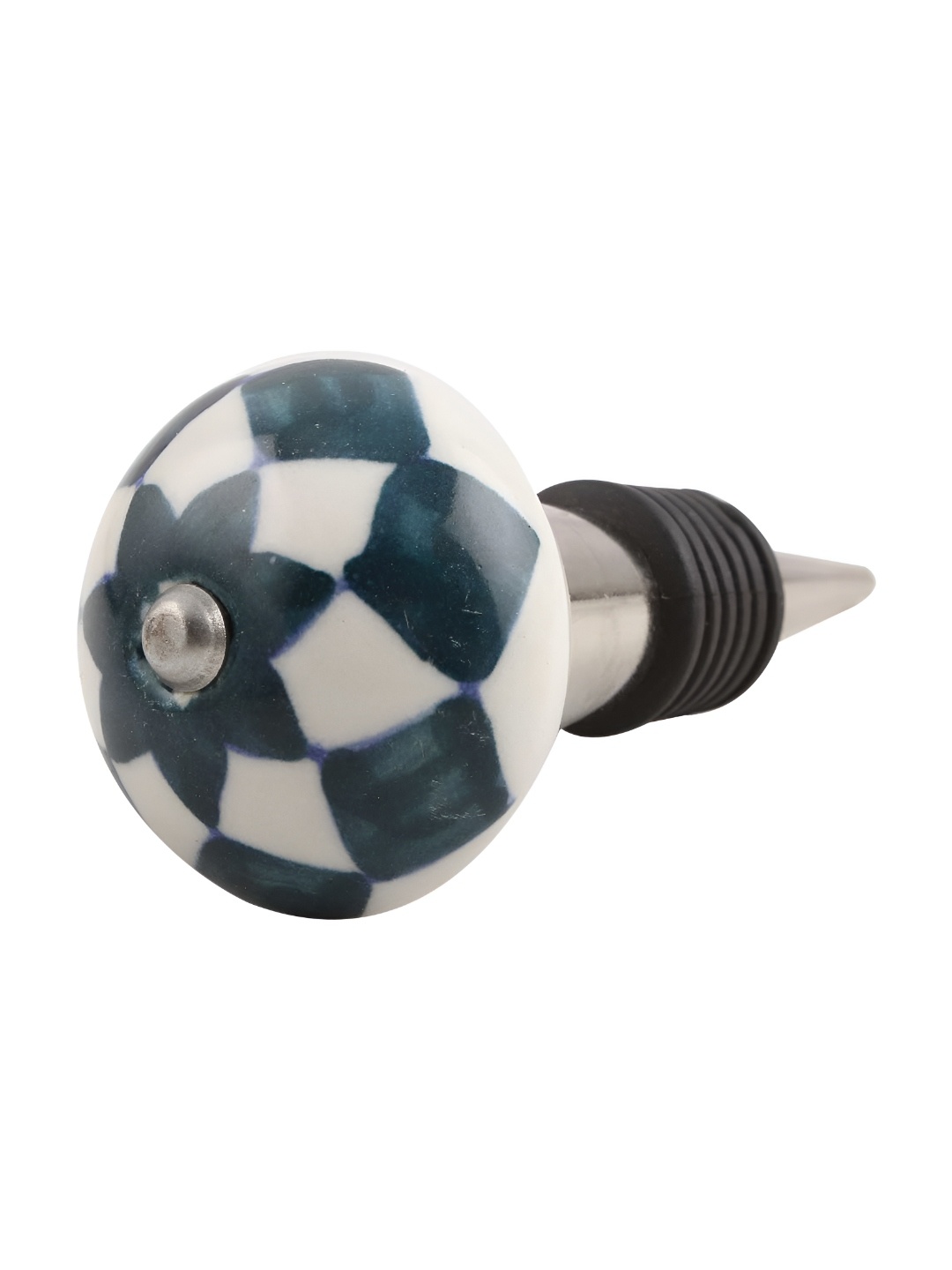 Indianshelf Green & White Check Printed Ceramic Wine Bottle Stopper