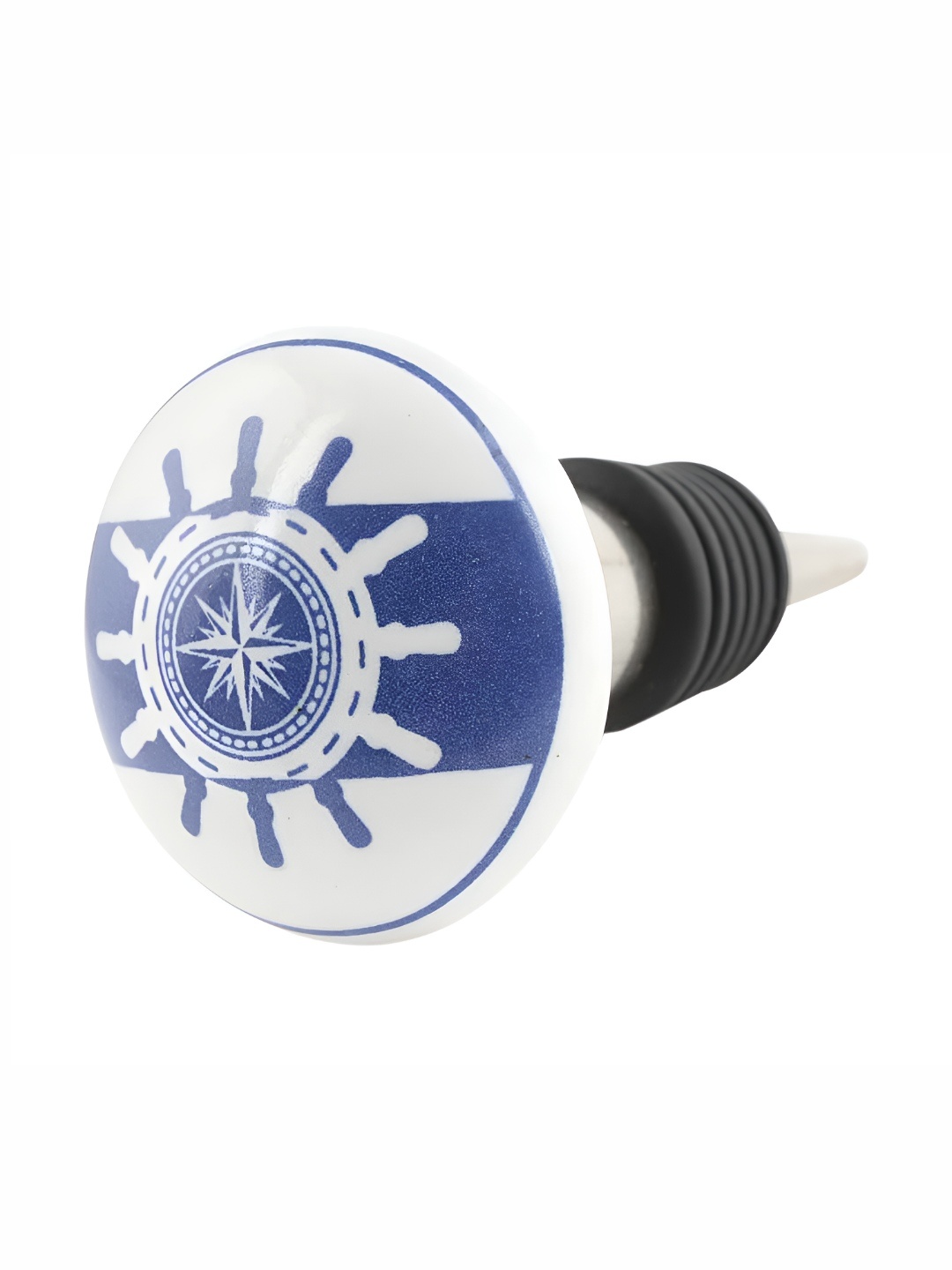 

Indianshelf Blue and White Ship Wheel Printed Ceramic Wine Bottle Stopper