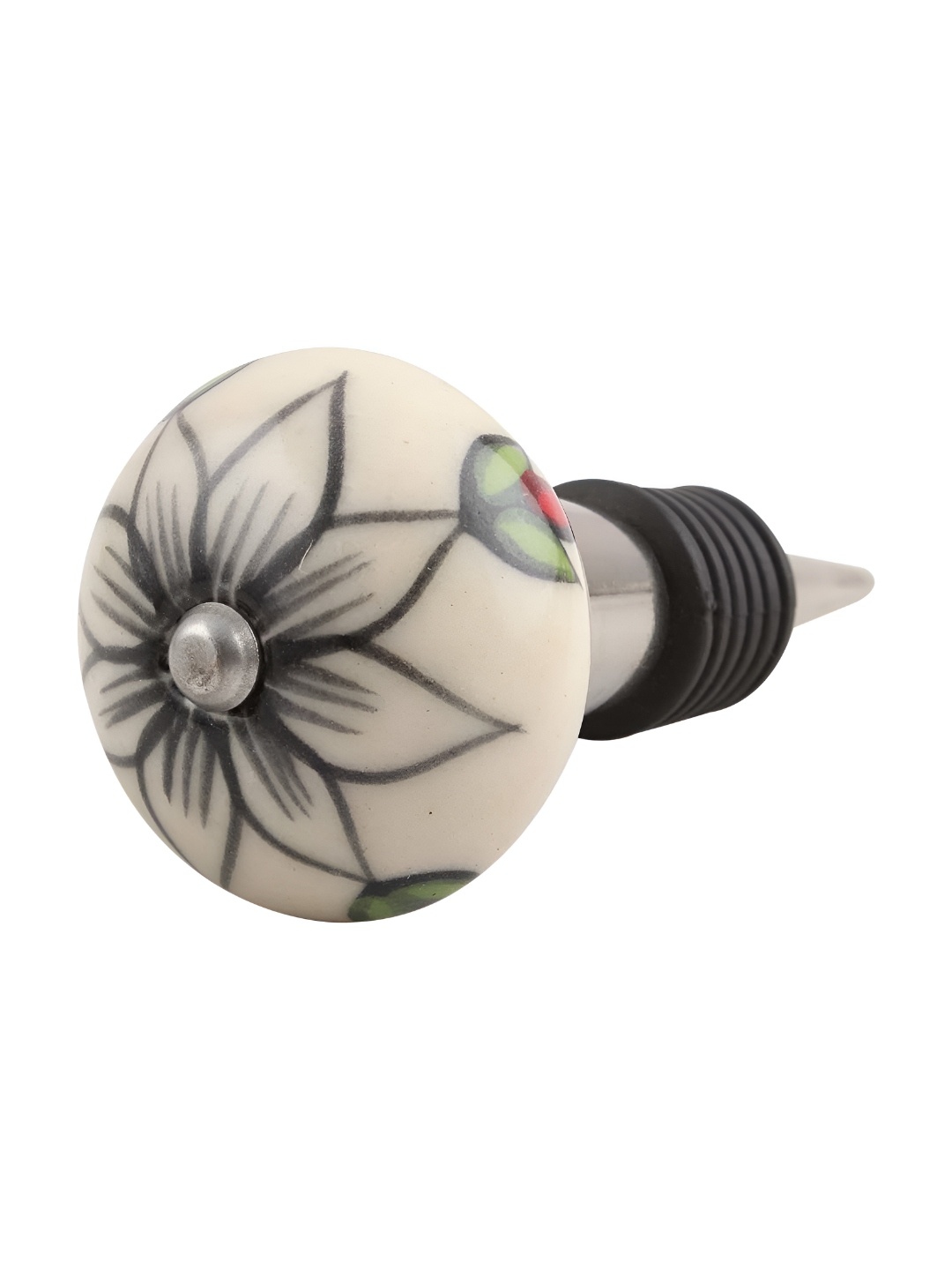 

Indianshelf Cream & Steel Flower Printed Ceramic Bottle Stopper