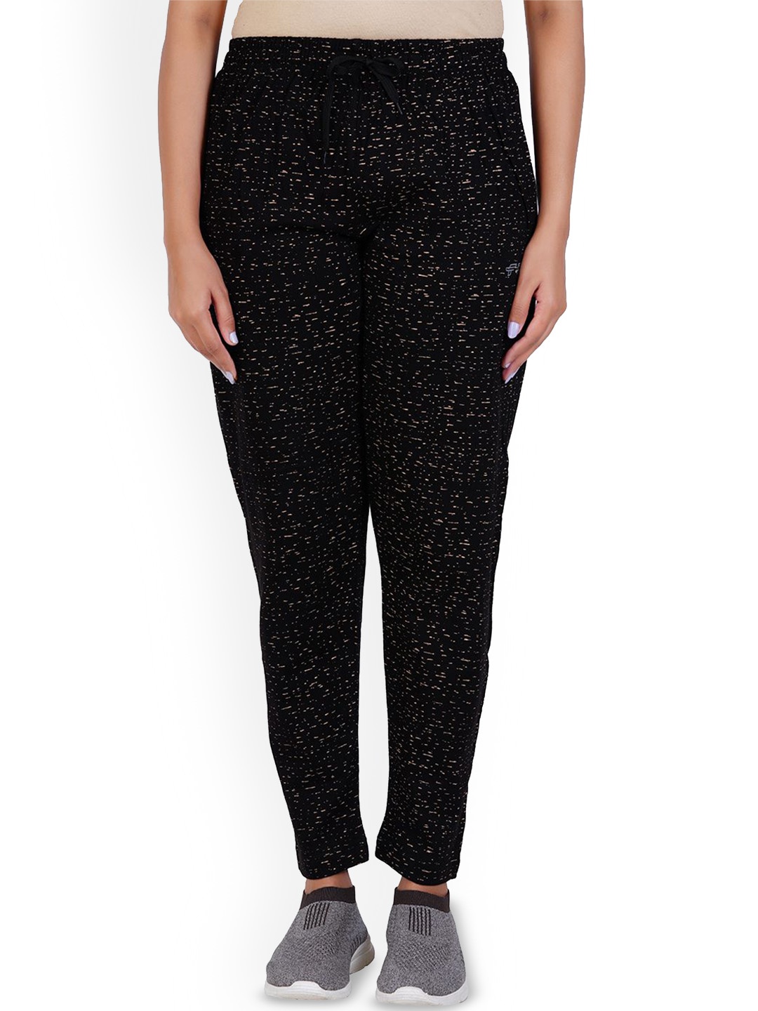 

FEEL TRACK Women Cotton Printed Mid-Rise Track Pant, Black
