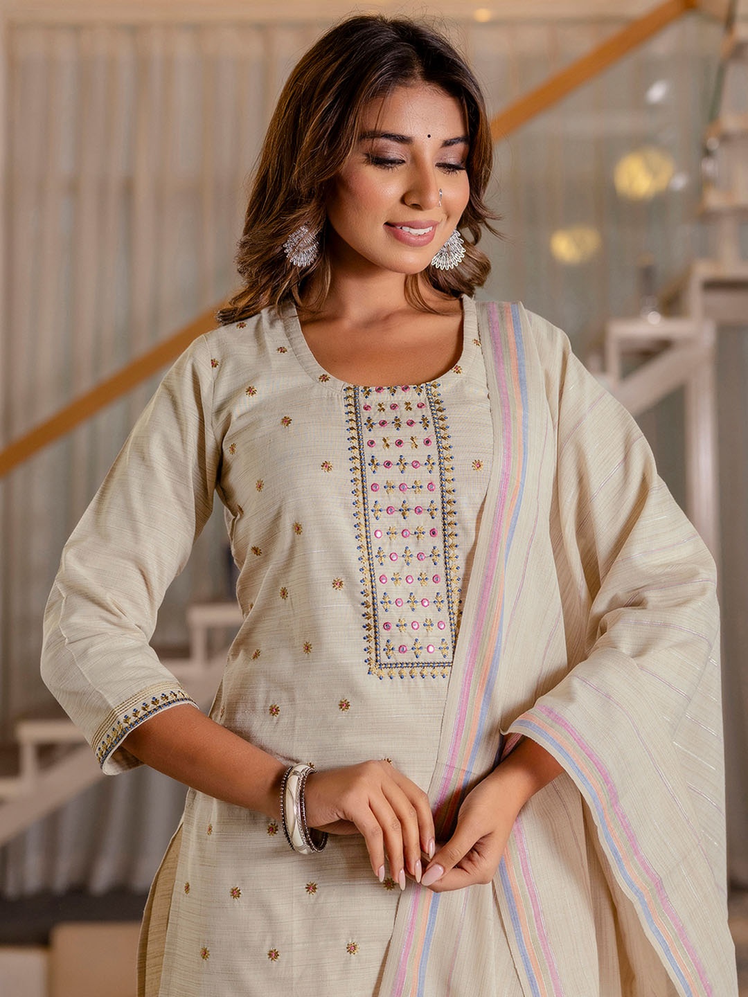 

KALINI Floral Embroidered Mirror Work Straight Kurta With Trousers And Dupatta, Off white