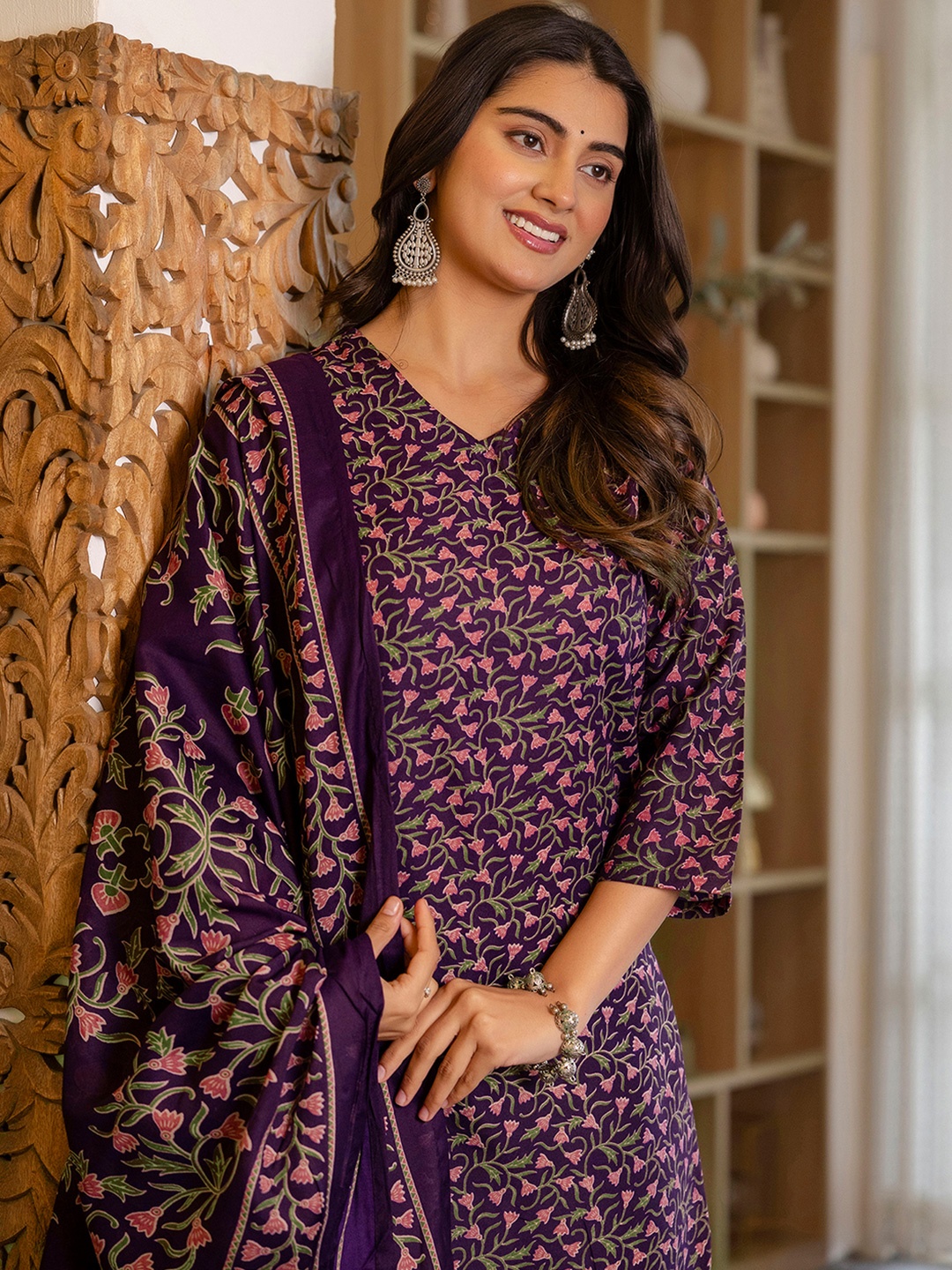 

KALINI Floral Printed V-Neck Straight Kurta With Trousers And Dupatta, Purple