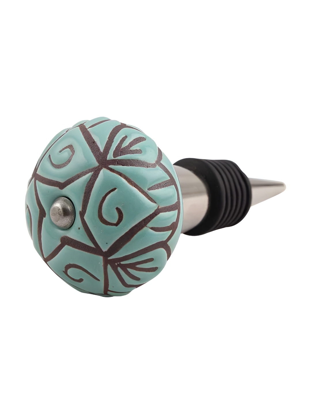 Indianshelf Green & Silver-Toned Floral Printed Ceramic Wine Bottle Stopper