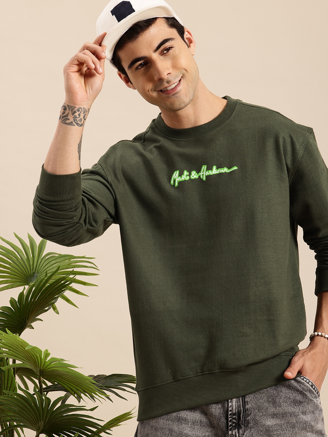 Mast & Harbour Brand Logo Printed Sweatshirt, Olive