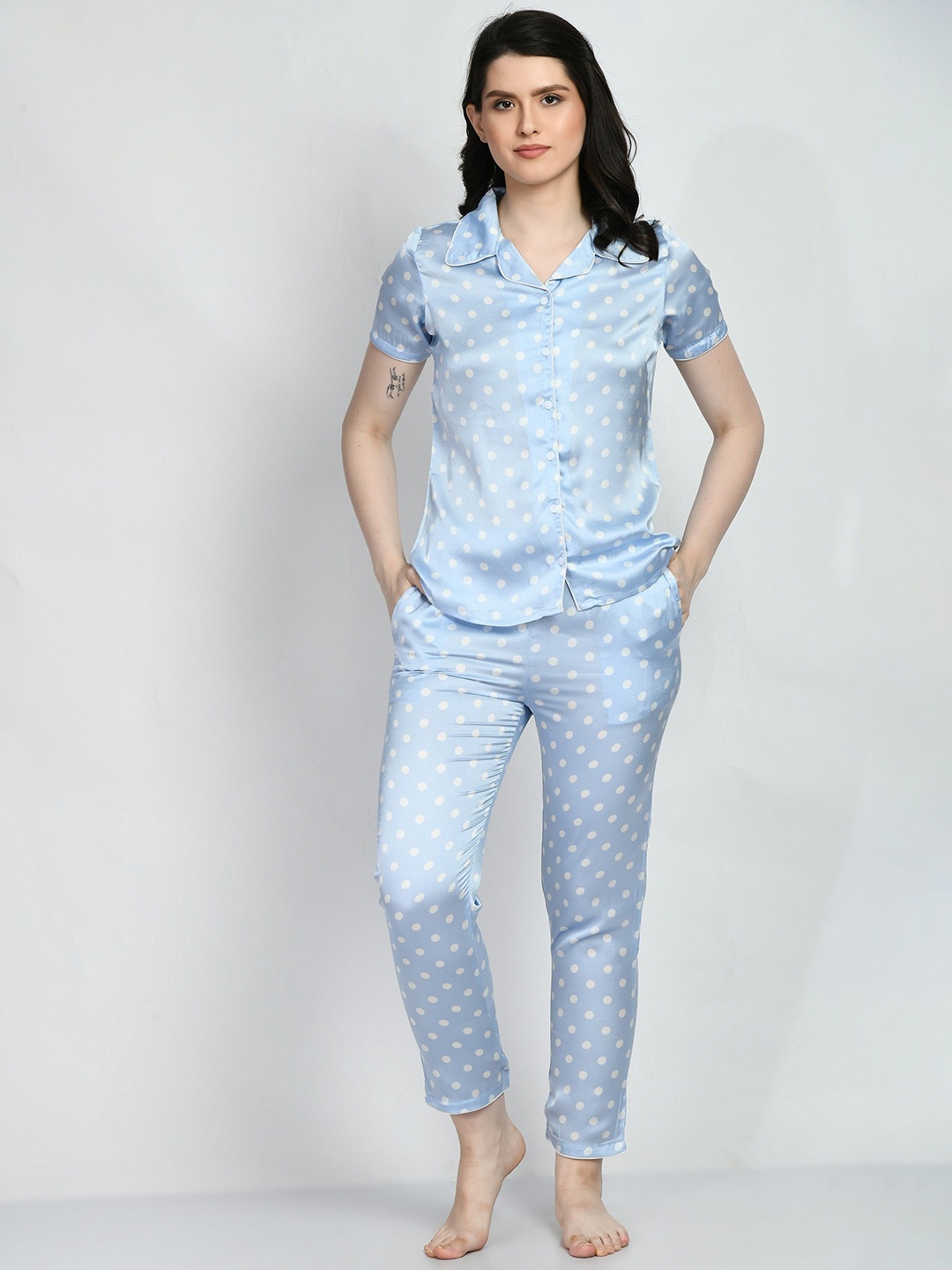 

COATTIRE Women Printed Shirt Collar Night Suit, Blue