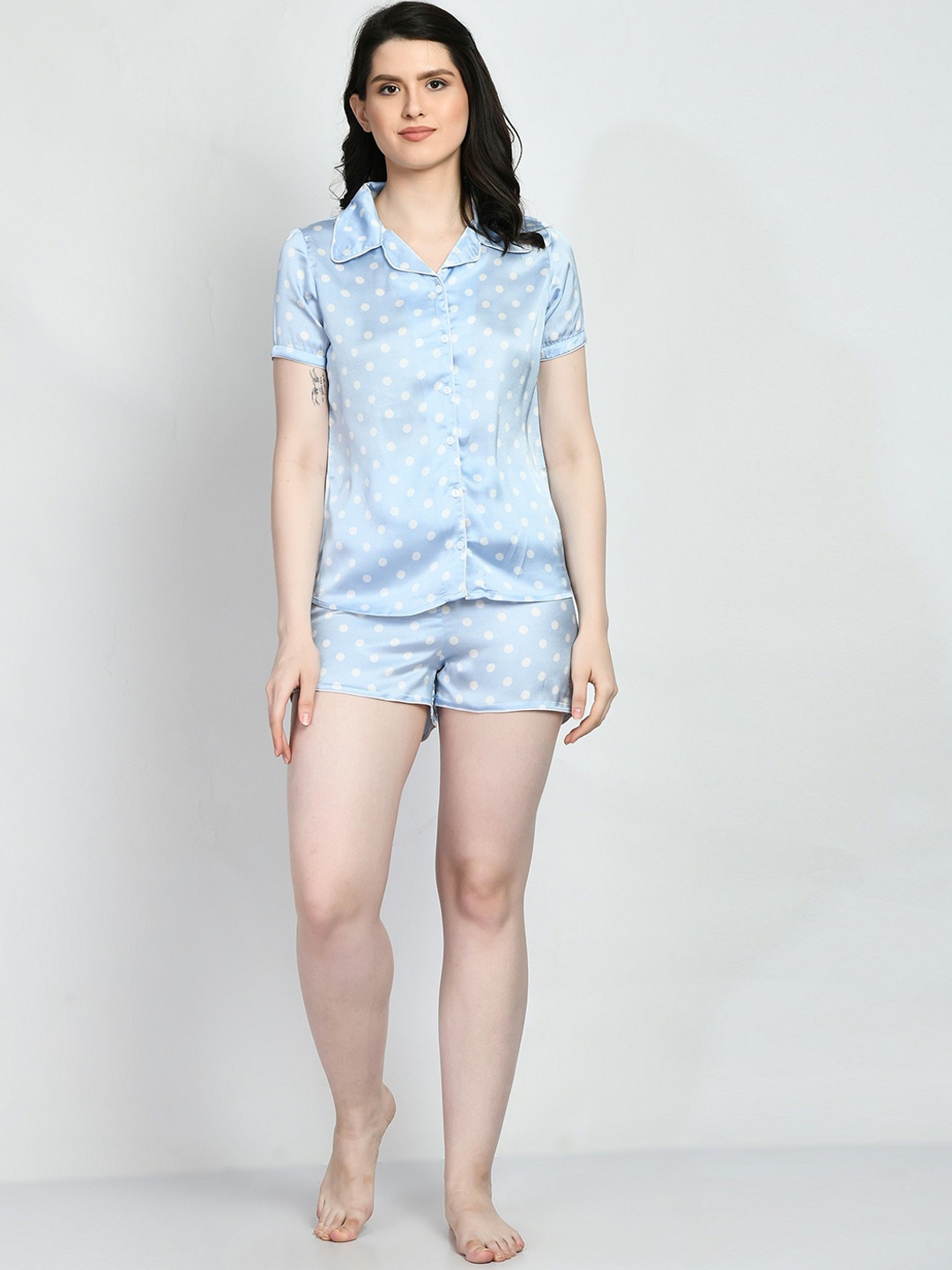 

COATTIRE Women Printed Shirt Collar Night Suit, Blue