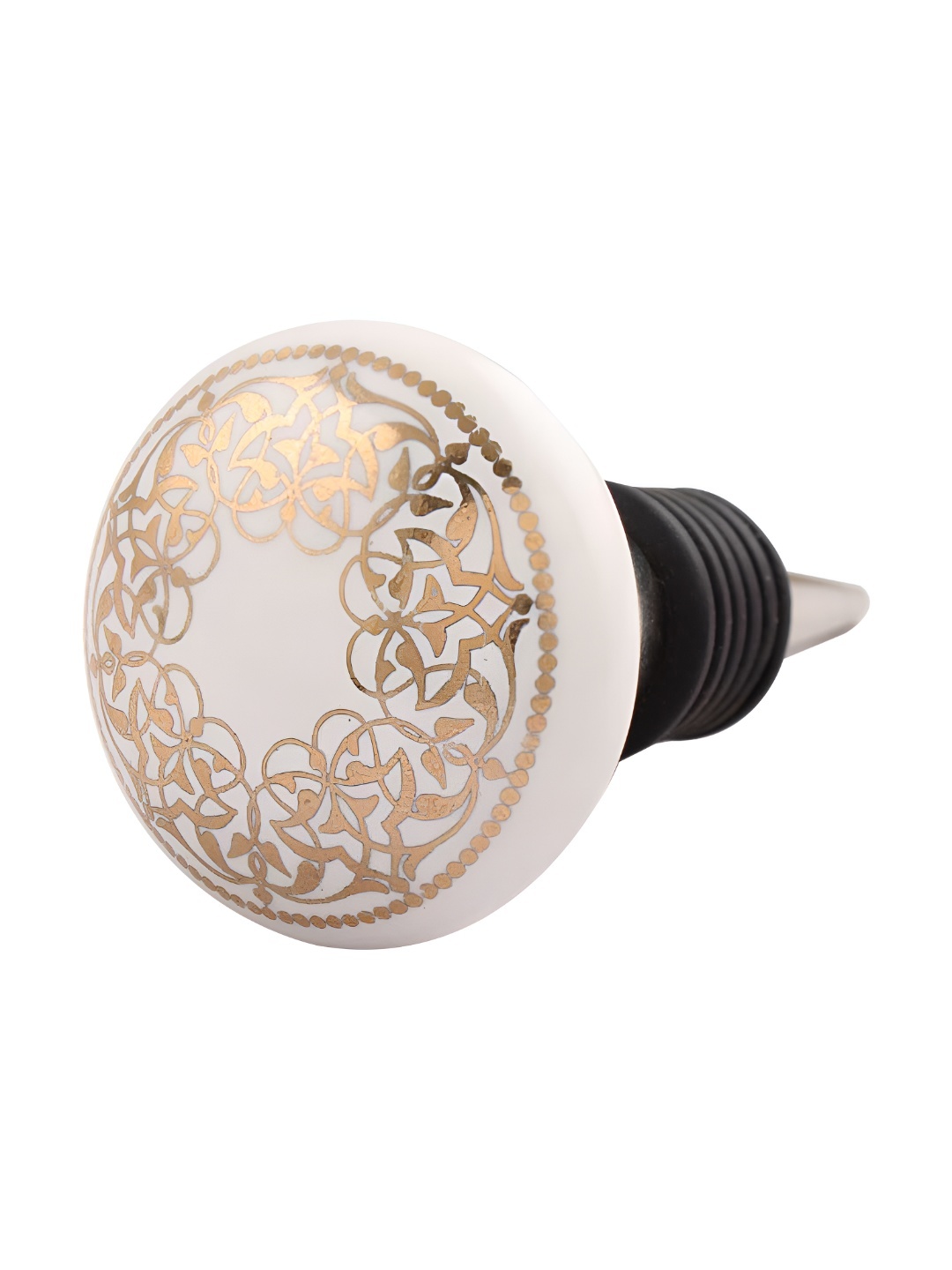 

Indianshelf Rangoli Flat Gold Toned & White Printed Ceramic Wine Bottle Stopper