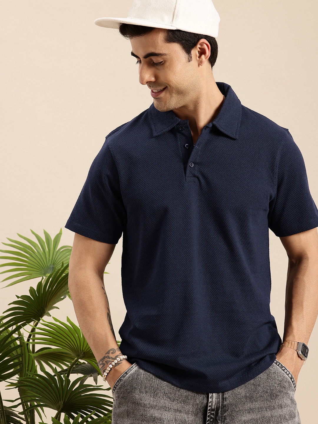

Mast & Harbour Relaxed Fit Self Design Textured Polo Collar T-shirt, Navy blue